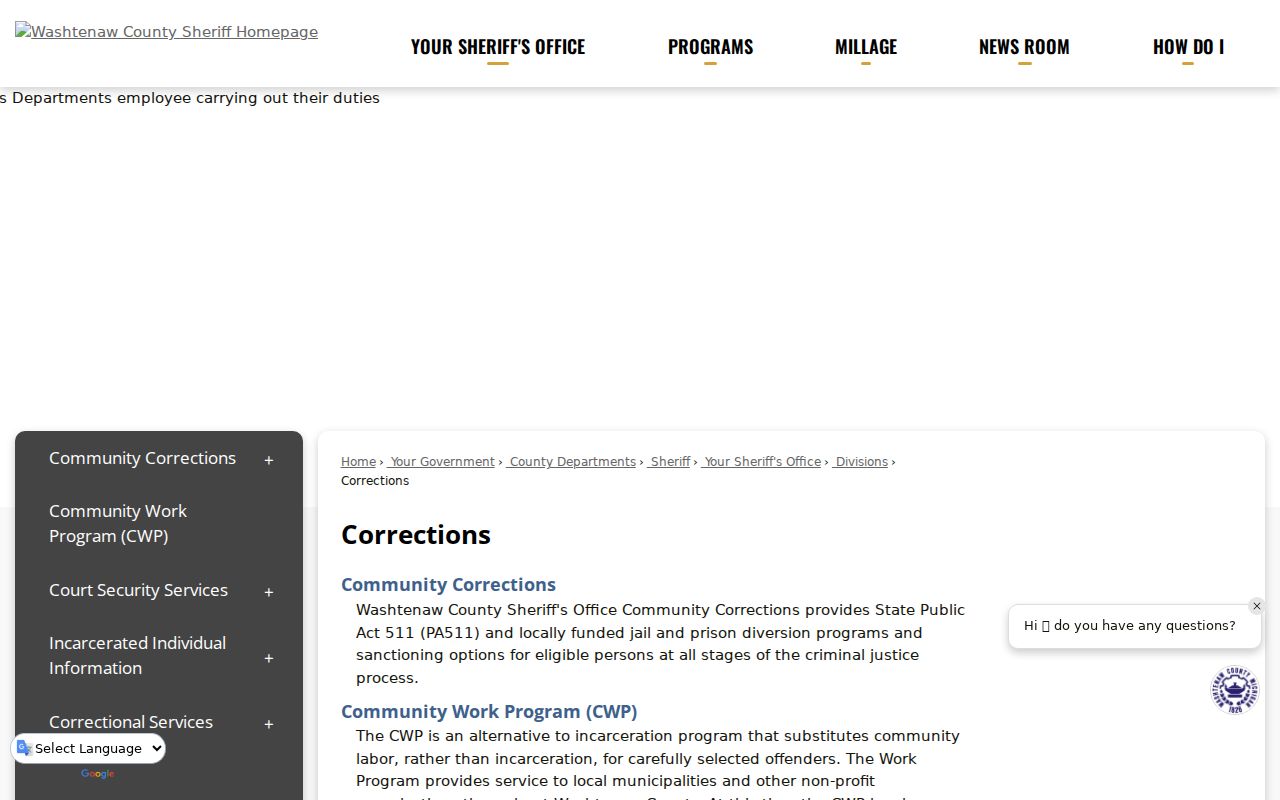 Washtenaw County arrest booking and corrections services