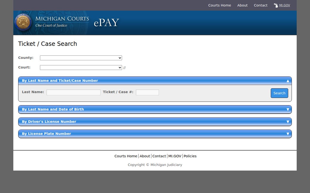 Washtenaw County criminal case and ticket search fields in eTix