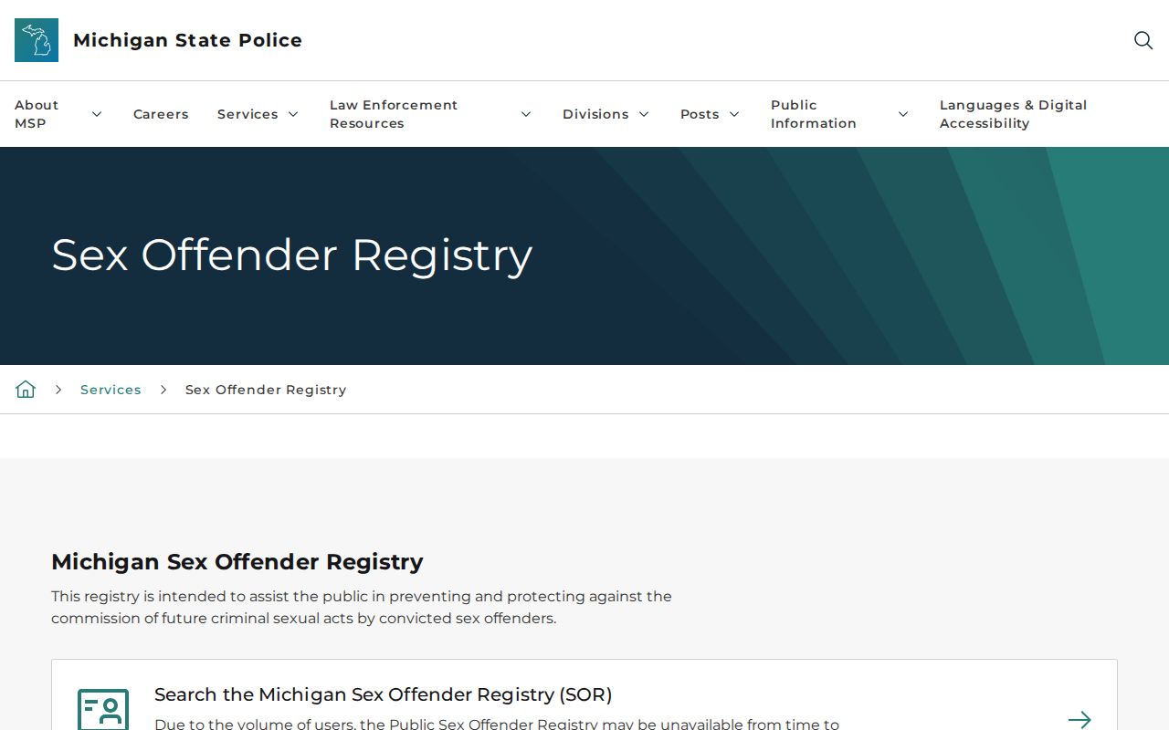 Washtenaw County sex offender registry entry at Michigan State Police